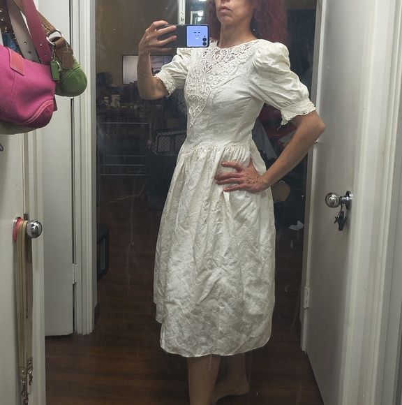 Vtg Jessica McClintock Puff Sleeve Prom Wedding Dress white Beaded Embroidered 8 - Picture 2 of 10